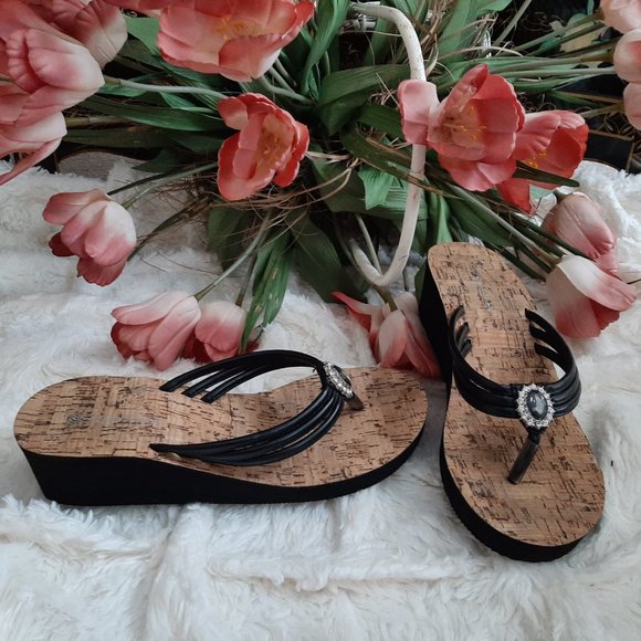 Shoes - Triple Strap Wedge Thong Sandals